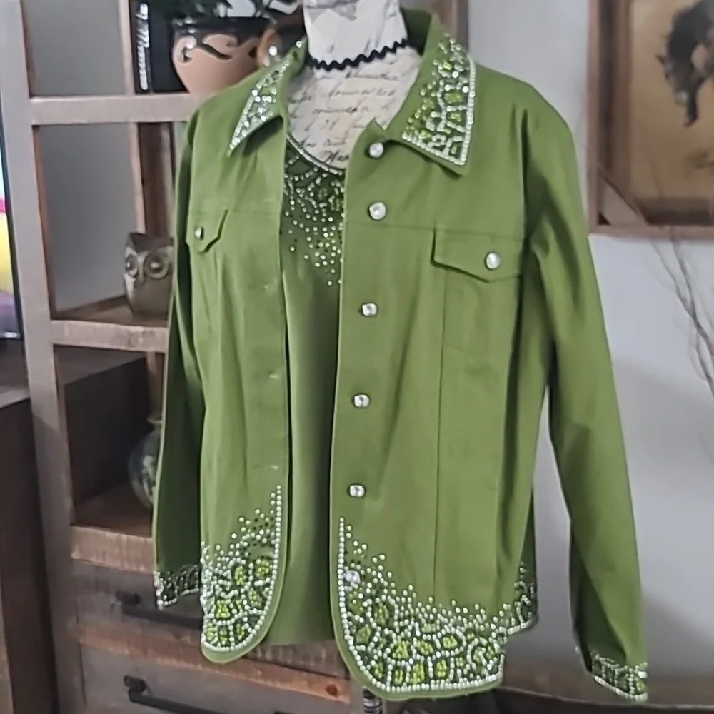Quacker Factory Embellished Olive Green Women's Jacket & Top Set